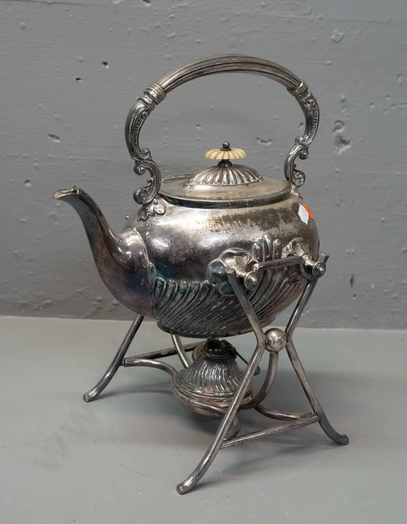 James Dixon & Sons plated spirit kettle with burner - bone knob on lid is loose, some wear to plating H-300 L-230 Image 1++