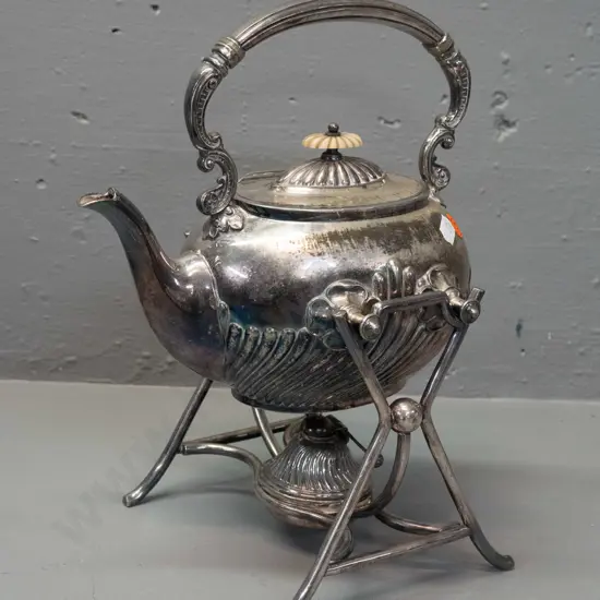 James Dixon & Sons plated spirit kettle with burner - bone knob on lid is loose, some wear to plating H-300 L-230