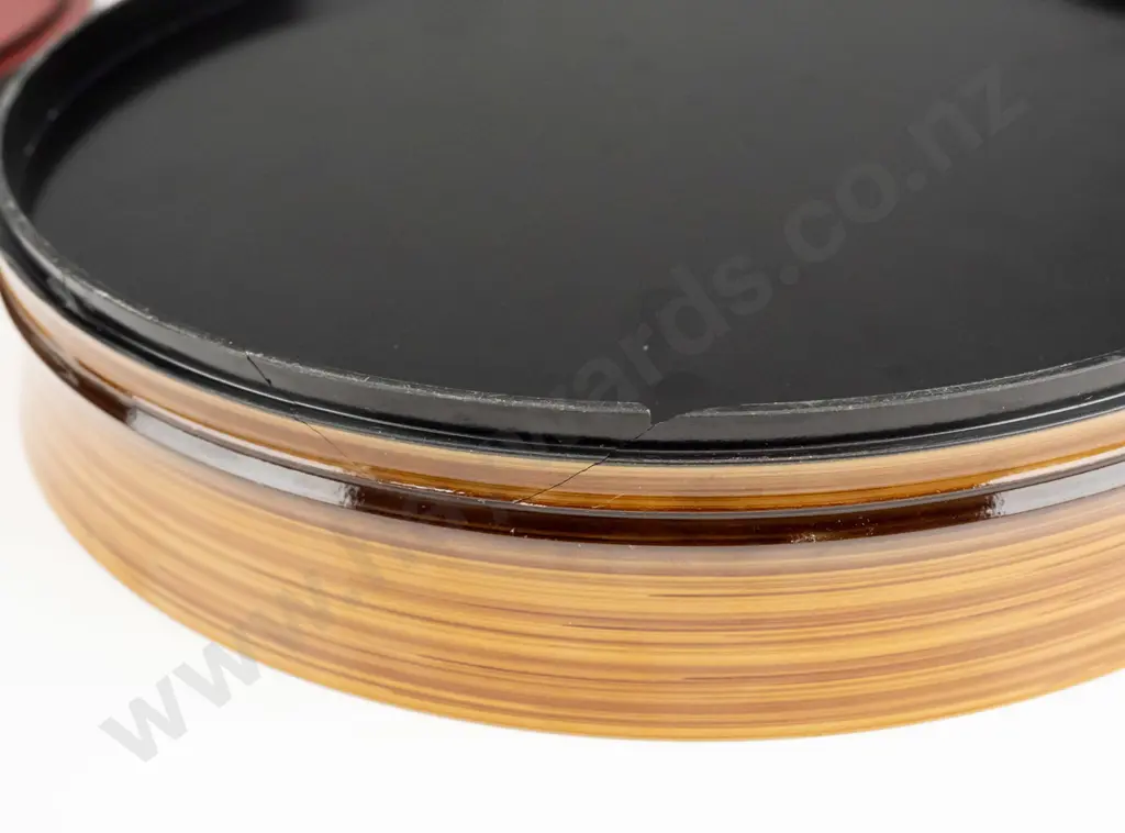 round lidded asian lacquer box with flower cart motif and relief flower - repaired chip to base Image 1++
