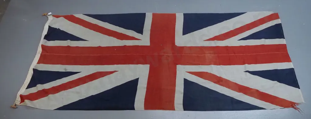large union jack flag with rope and wooden toggles - some staining, holes and fraying Image 1++