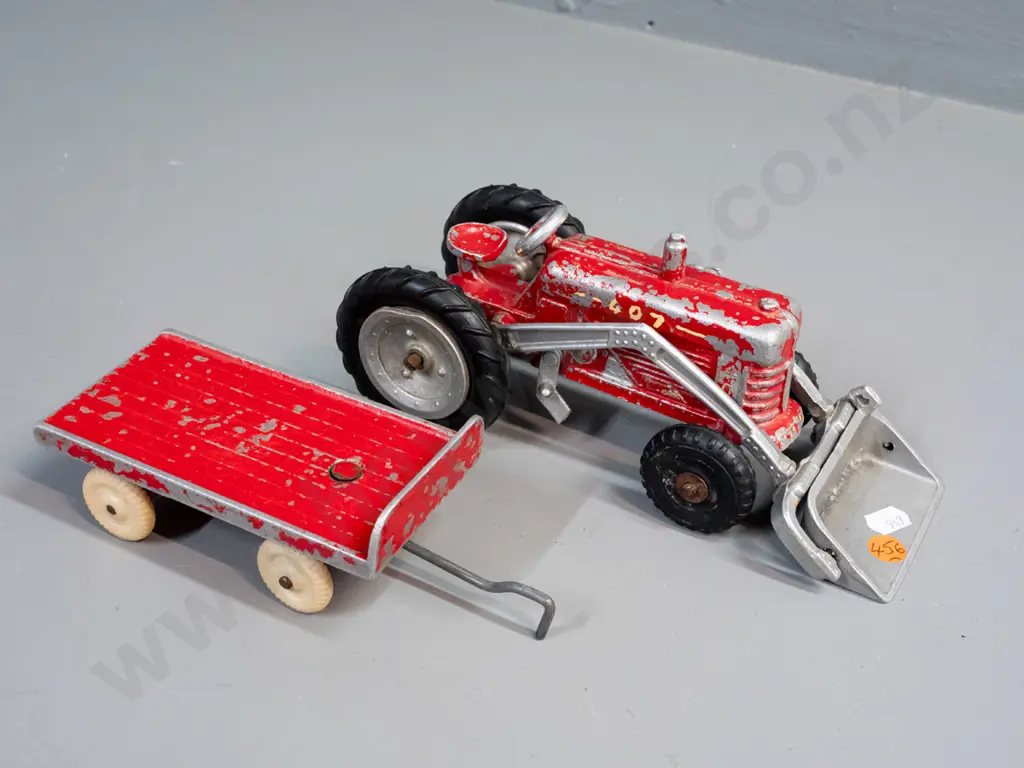 Fun Ho cast metal farm tractor and trailer.  Tractor marked No. 407, trailer No. 506. Paint wear, small defect to one Image 1++