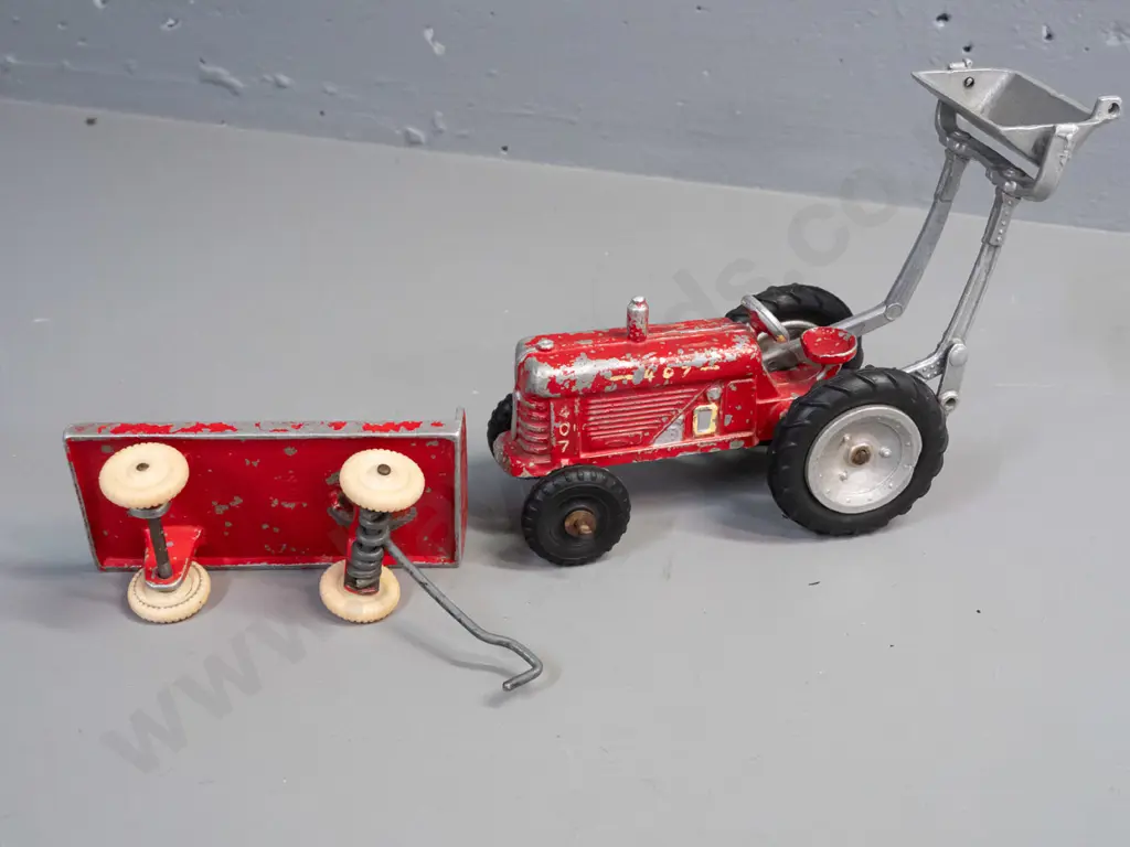 Fun Ho cast metal farm tractor and trailer.  Tractor marked No. 407, trailer No. 506. Paint wear, small defect to one Image 1++