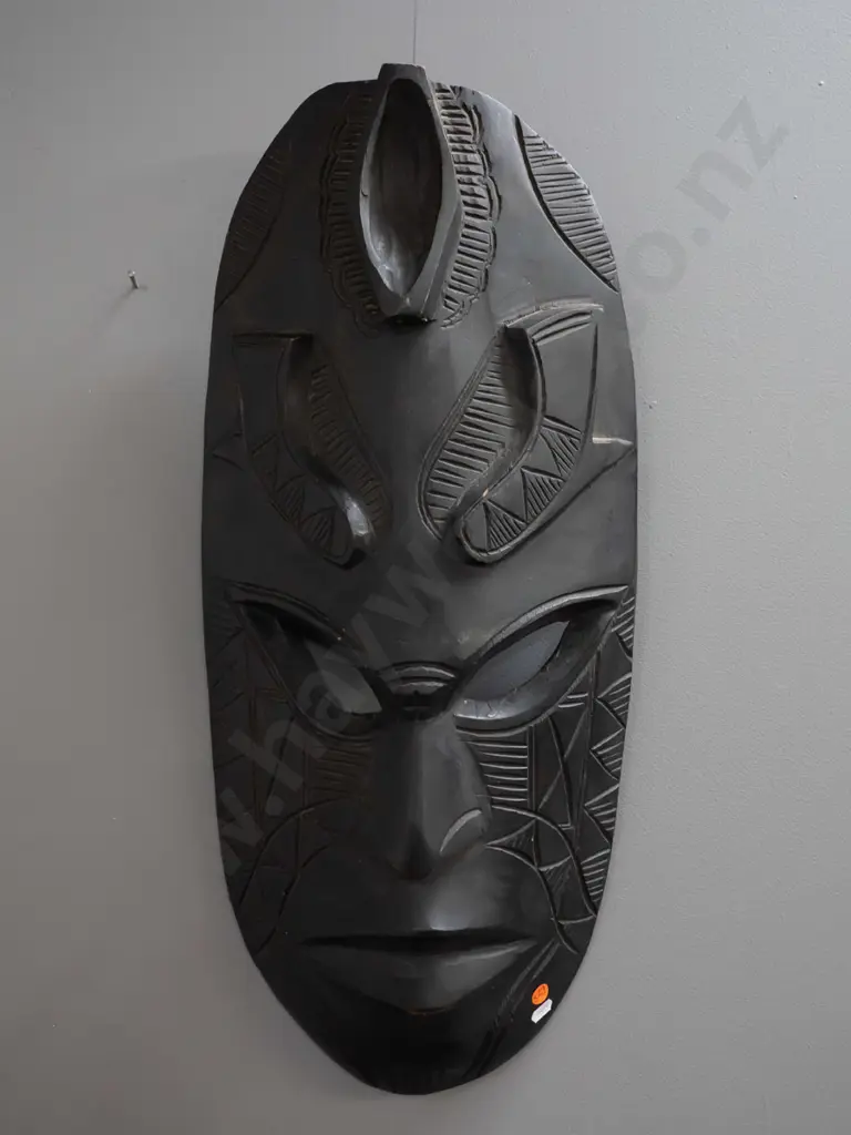 large dark stained carved timber tribal wall mask - some wear / small chips H-610 W-300 Image 1++