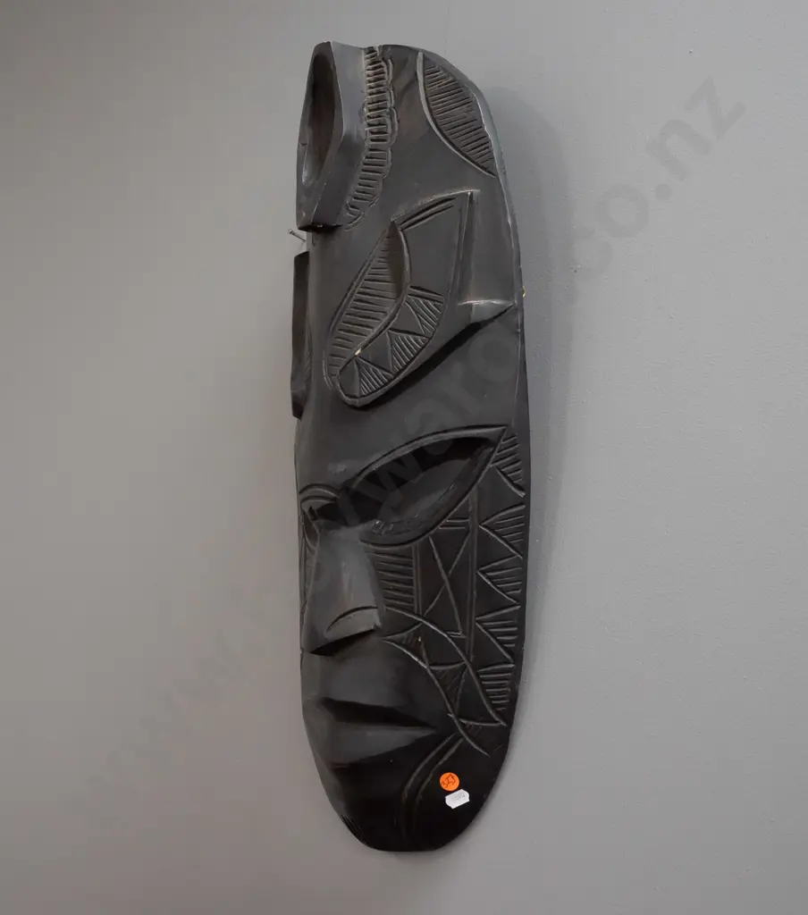 large dark stained carved timber tribal wall mask - some wear / small chips H-610 W-300 Image 1++