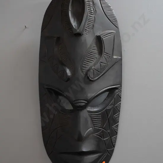 large dark stained carved timber tribal wall mask - some wear / small chips H-610 W-300