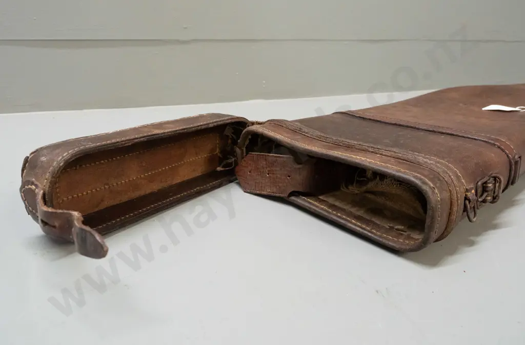 vintage leather leg-of-mutton shape gun case - some wear and staining, torn inner lining. L-820 Image 1++