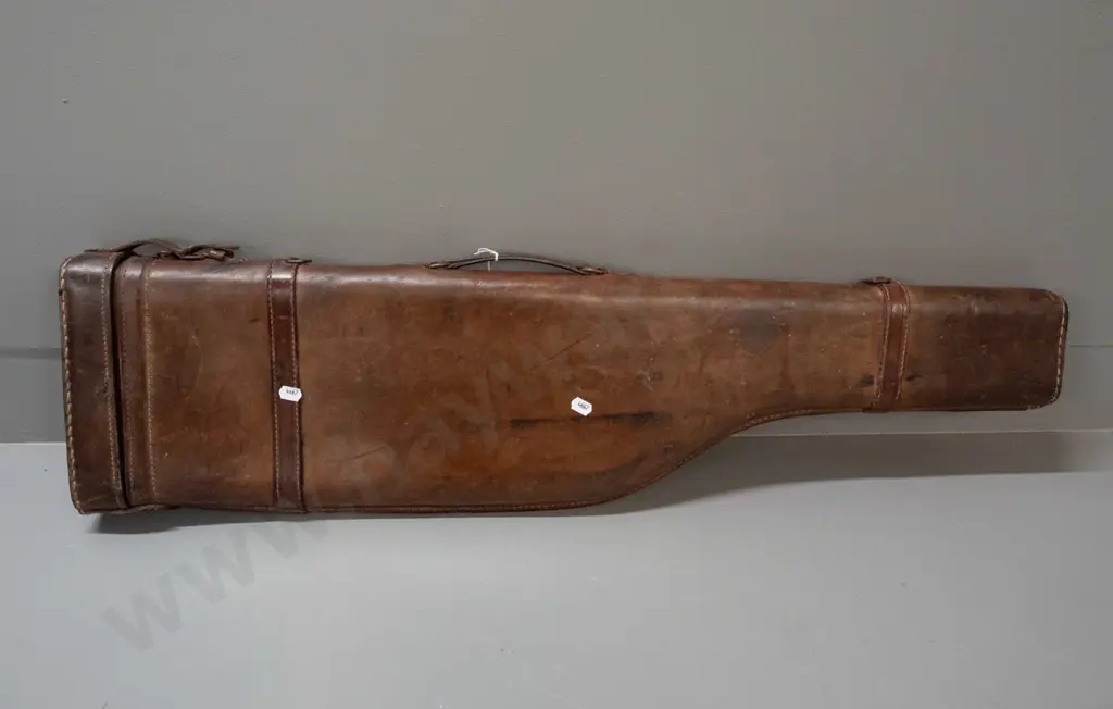 vintage leather leg-of-mutton shape gun case - some wear and staining, torn inner lining. L-820 Image 1++
