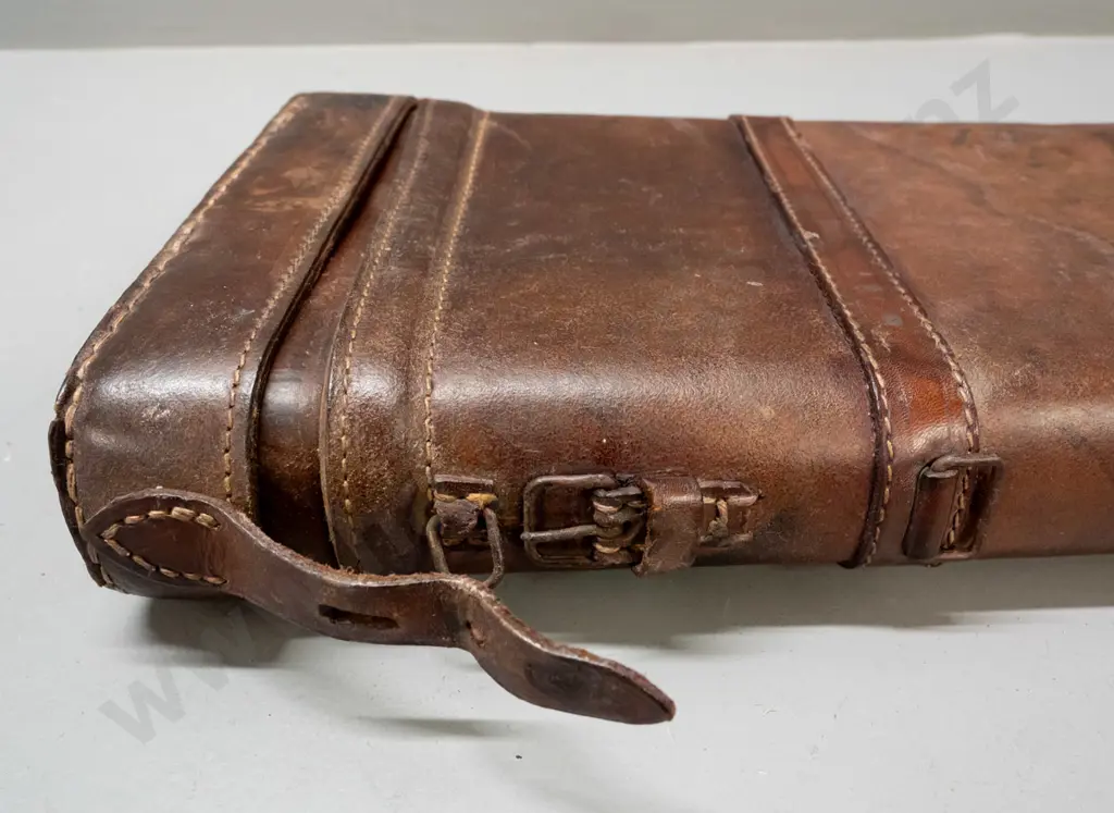 vintage leather leg-of-mutton shape gun case - some wear and staining, torn inner lining. L-820 Image 1++