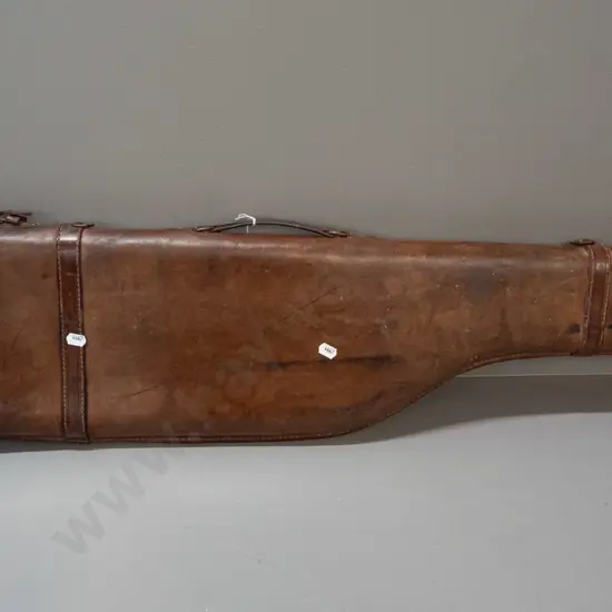 vintage leather leg-of-mutton shape gun case - some wear and staining, torn inner lining. L-820