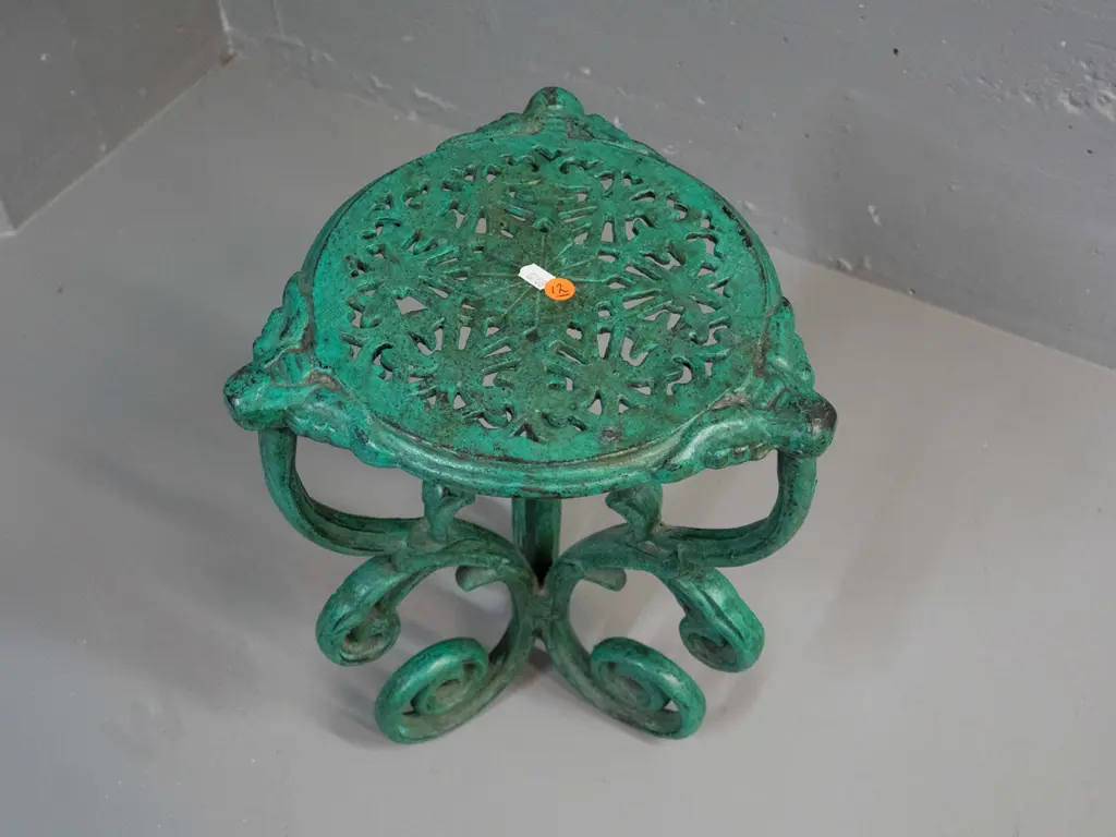 heavy green painted cast metal plant stand / table, some overall wear to paint H-400 D-270 Image 1++