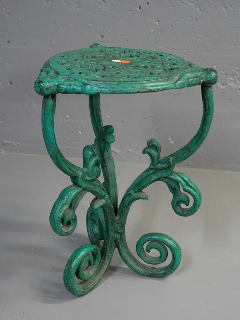 heavy green painted cast metal plant stand / table, some overall wear to paint H-400 D-270 Image 1++