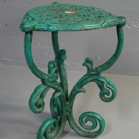 heavy green painted cast metal plant stand / table, some overall wear to paint H-400 D-270