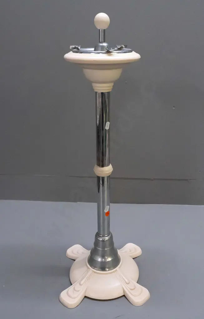 deco style chrome and plastic or ivorine floor-standing smoker's stand with removable tray and top cap - damage to Image 1++