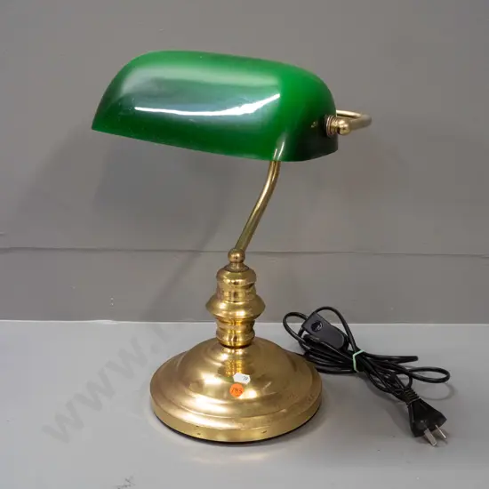 reproduction banker's lamp with brass finish base and green glass shade - pitting / scratching to base H-380 W-280