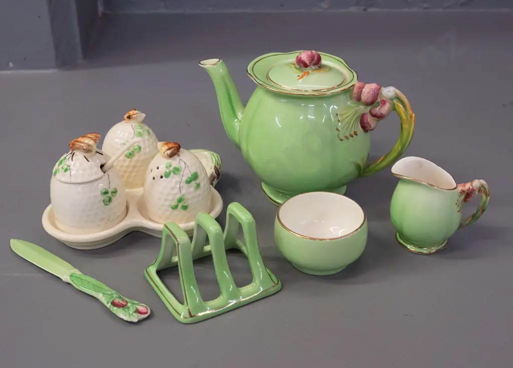 Royal Winton relief lily pattern breakfast set for one, no tray, a Sylvia China bee motif condiment set and a Carlton Image 1++