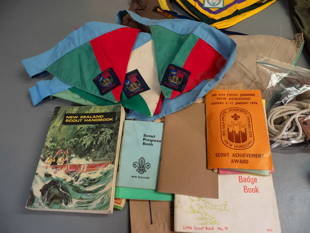 large lot of assorted Scouts and Guides ephemera and collectables - shirt, leather belts and buckles, neck scarves, Image 1++