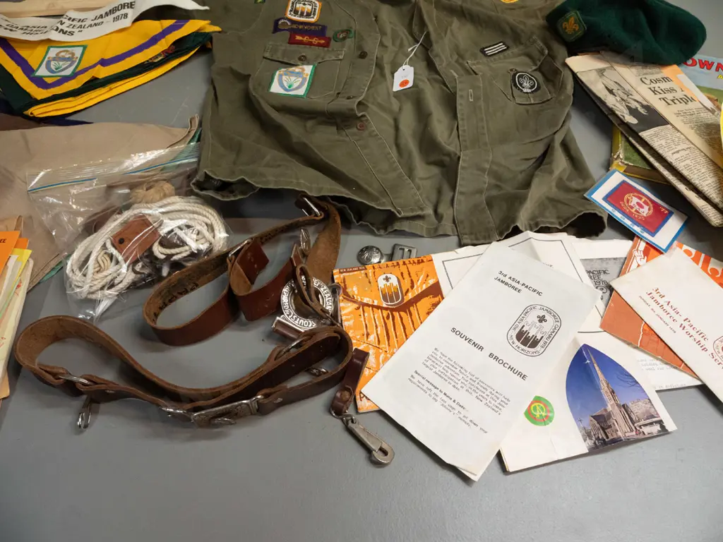 large lot of assorted Scouts and Guides ephemera and collectables - shirt, leather belts and buckles, neck scarves, Image 1++