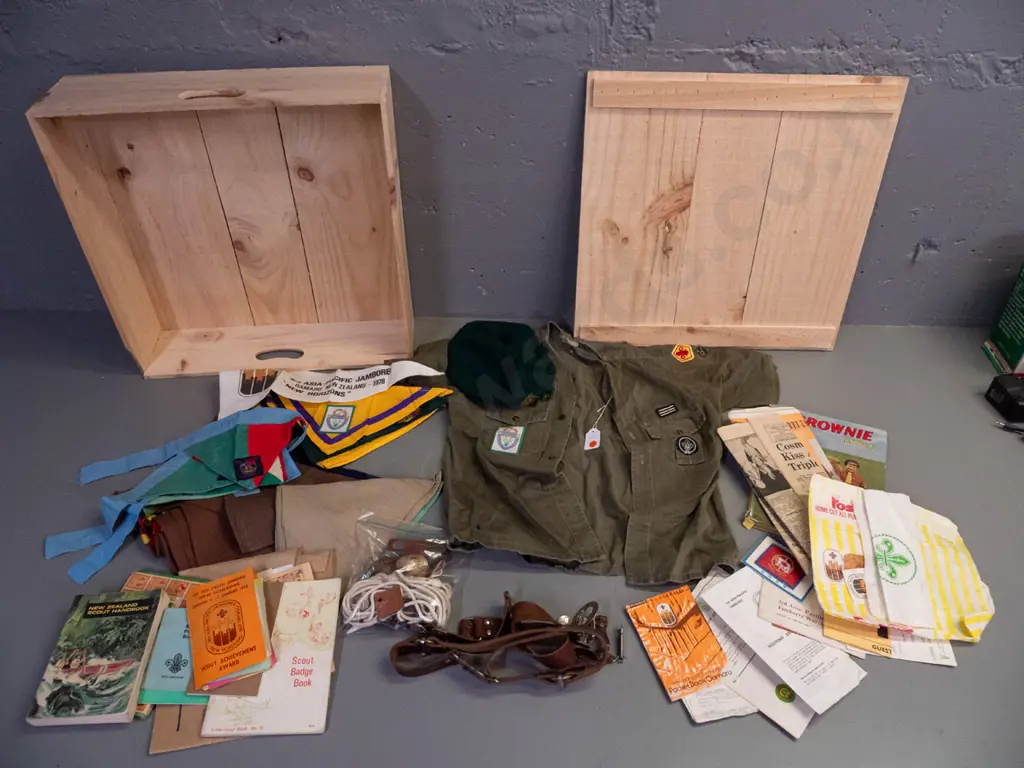 large lot of assorted Scouts and Guides ephemera and collectables - shirt, leather belts and buckles, neck scarves, Image 1++