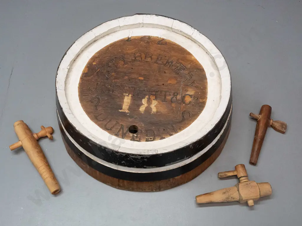 end piece from beer barrel with hanging rope - marked City Brewery / J. Speight & Co Dunedin - and 3 wooden spigots. Image 1++