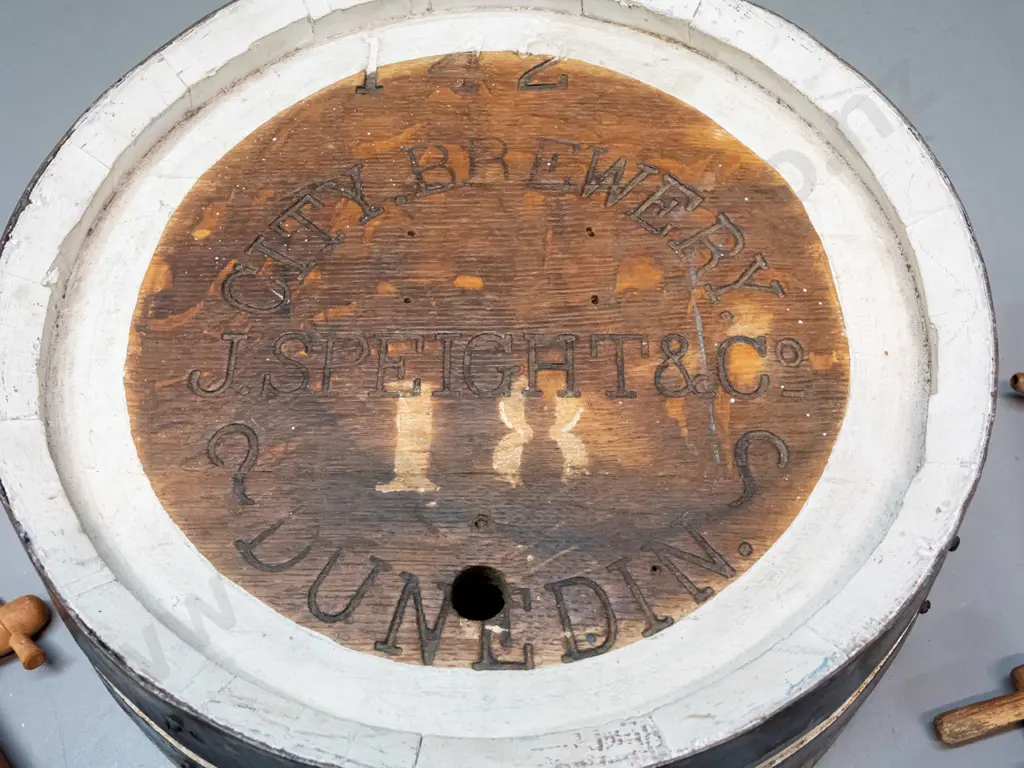 end piece from beer barrel with hanging rope - marked City Brewery / J. Speight & Co Dunedin - and 3 wooden spigots. Image 1++