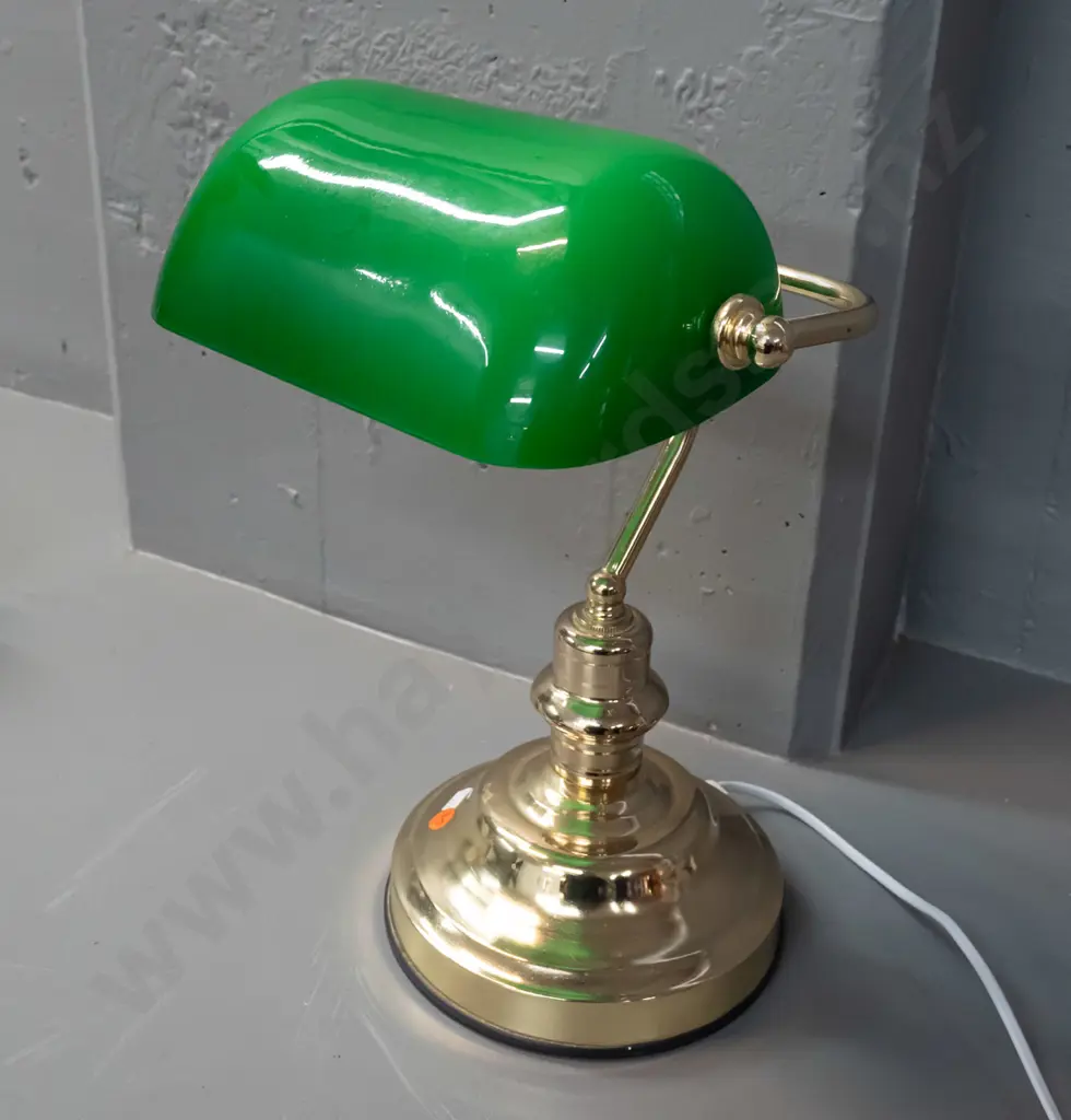 reproduction brass finish banker's lamp with green shade - 3 level touch lamp w/Oriel Lighting label H-390 W-260 Image 1++