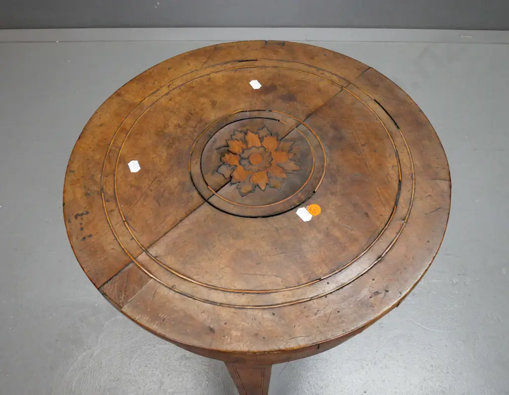restorer's early Victorian mahogany round-top work table on 3 square section tapering legs, lower platform. Image 1++