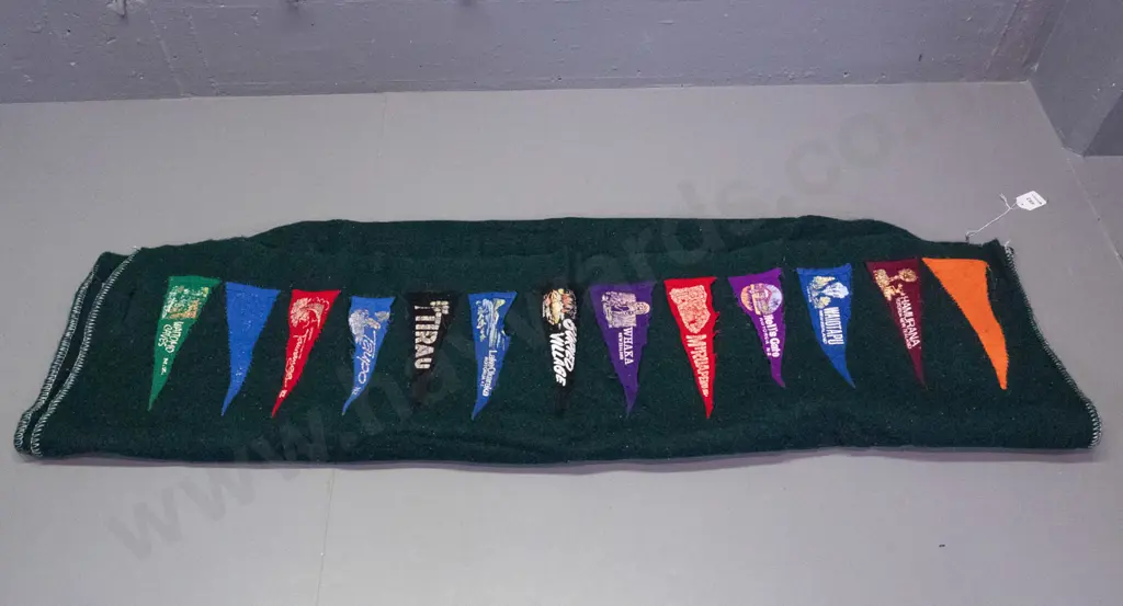 green woollen blanket with Onehunga label and numerous Girl Guides and other badges & NZ souvenir pennants - wear and a Image 1++