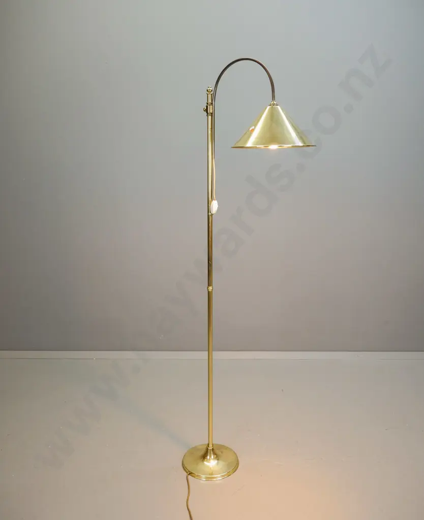 brass standard lamp with adjustable height curved stem, spun brass conical shade - some scratches and pitting. Max H1640 Image 1++