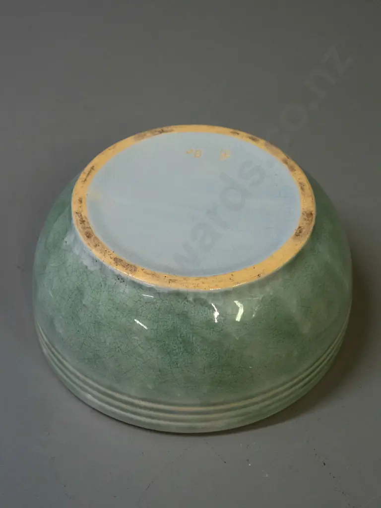 (Crown Lynn?) bowl with hard to read (J8, 38?) mark and 15/5 fraction mark. Overall crazing to celadon green over blue Image 1++