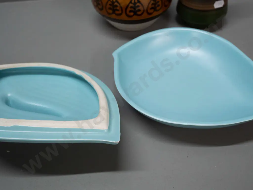 2 German pottery vases and a retro lidded dish marked Made in Calif USA, L-240, has small fleck on pointed Image 1++