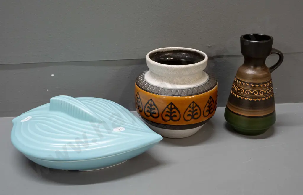 2 German pottery vases and a retro lidded dish marked Made in Calif USA, L-240, has small fleck on pointed Image 1++