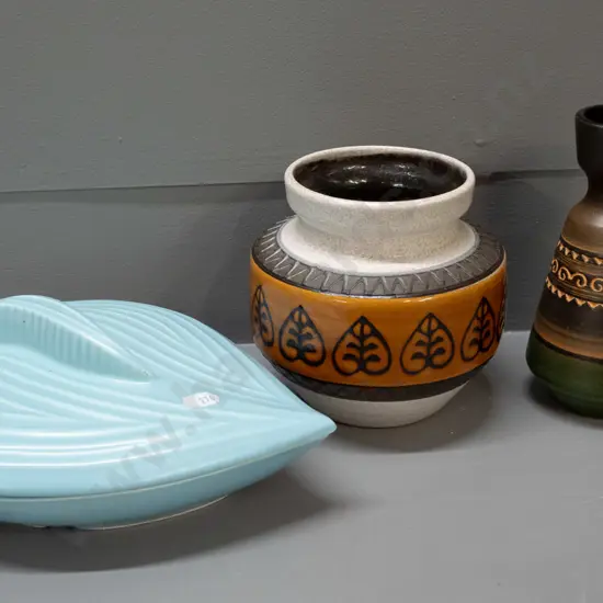 2 German pottery vases and a retro lidded dish marked Made in Calif USA, L-240, has small fleck on pointed