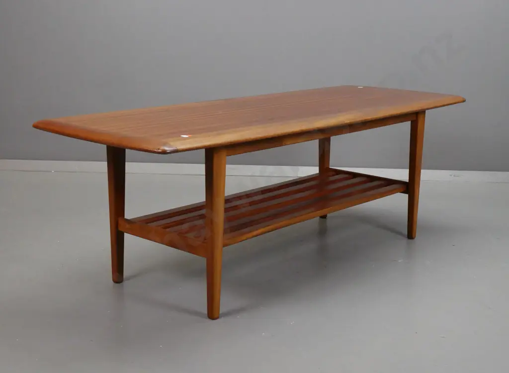 retro mahogany coffee table with square tapered legs & slatted magazine rack H-430 L-1290 W-490 Image 1++