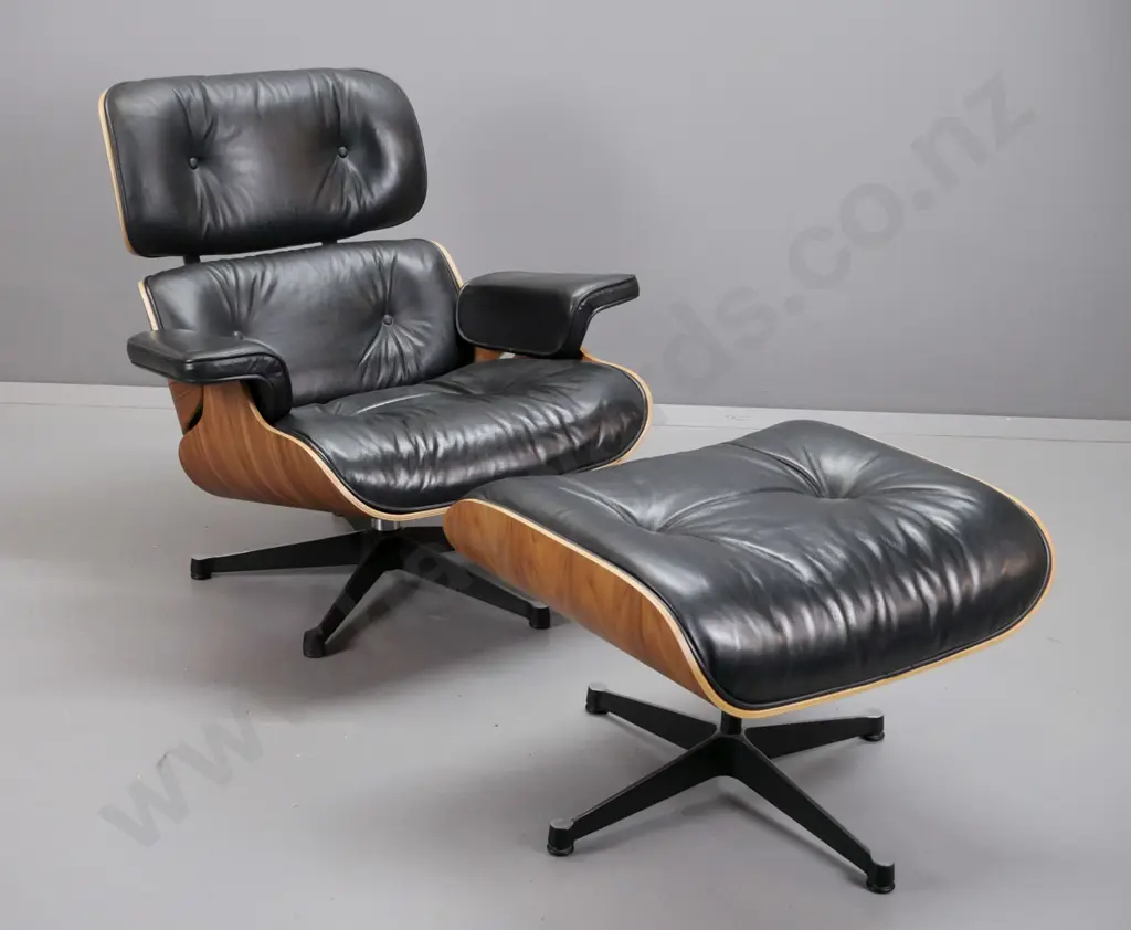 contemporary Eames-style swivel lounge chair with timber laminate shell, black leather seat, back & arms H810 W880 D700 Image 1++