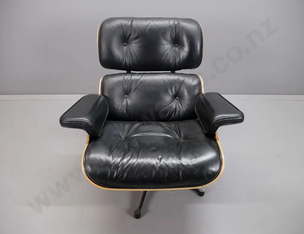 contemporary Eames-style swivel lounge chair with timber laminate shell, black leather seat, back & arms H810 W880 D700 Image 1++