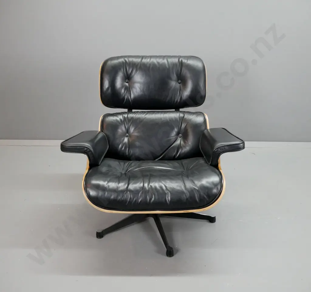 contemporary Eames-style swivel lounge chair with timber laminate shell, black leather seat, back & arms H810 W880 D700 Image 1++