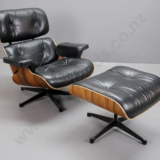 contemporary Eames-style swivel lounge chair with timber laminate shell, black leather seat, back & arms H810 W880 D700