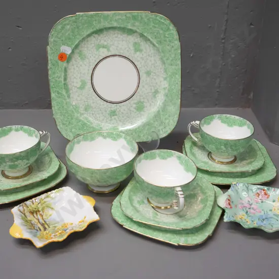 Paragon green floral and gilt part tea set - 3 trios, bowl and cake plate - and 2 small Shelley dishes. Plate is 230x230