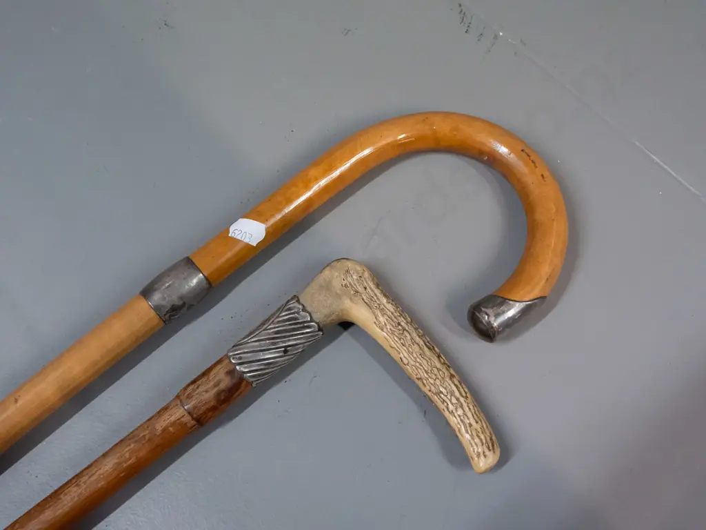 2 walking sticks - bent wood cane with band & end cap marked "Silver" and bamboo? with angled antler handle, sterling Image 1++