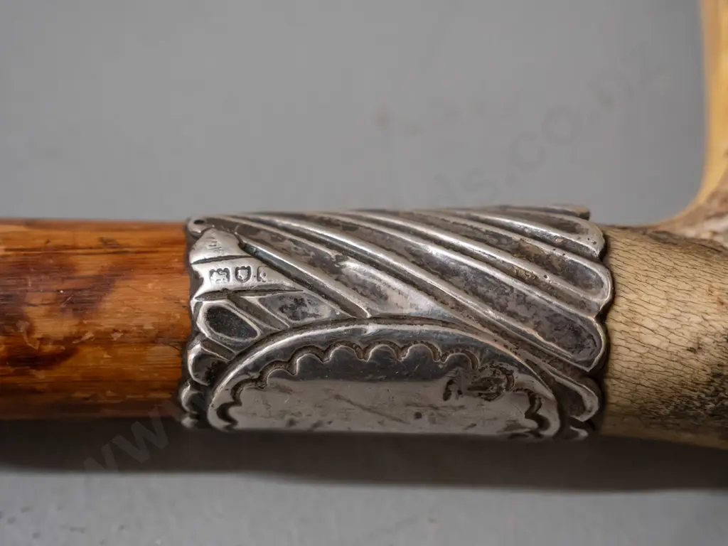 2 walking sticks - bent wood cane with band & end cap marked "Silver" and bamboo? with angled antler handle, sterling Image 1++