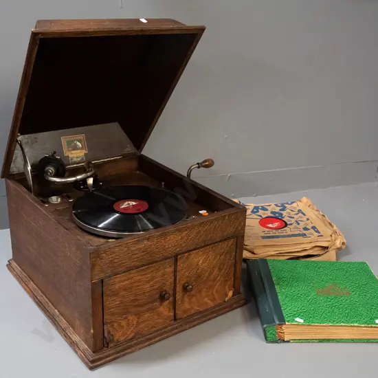 restorer's oak-cased HMV wind-up table top gramophone with Begg's Dunedin label - not functioning, auto start linkage &