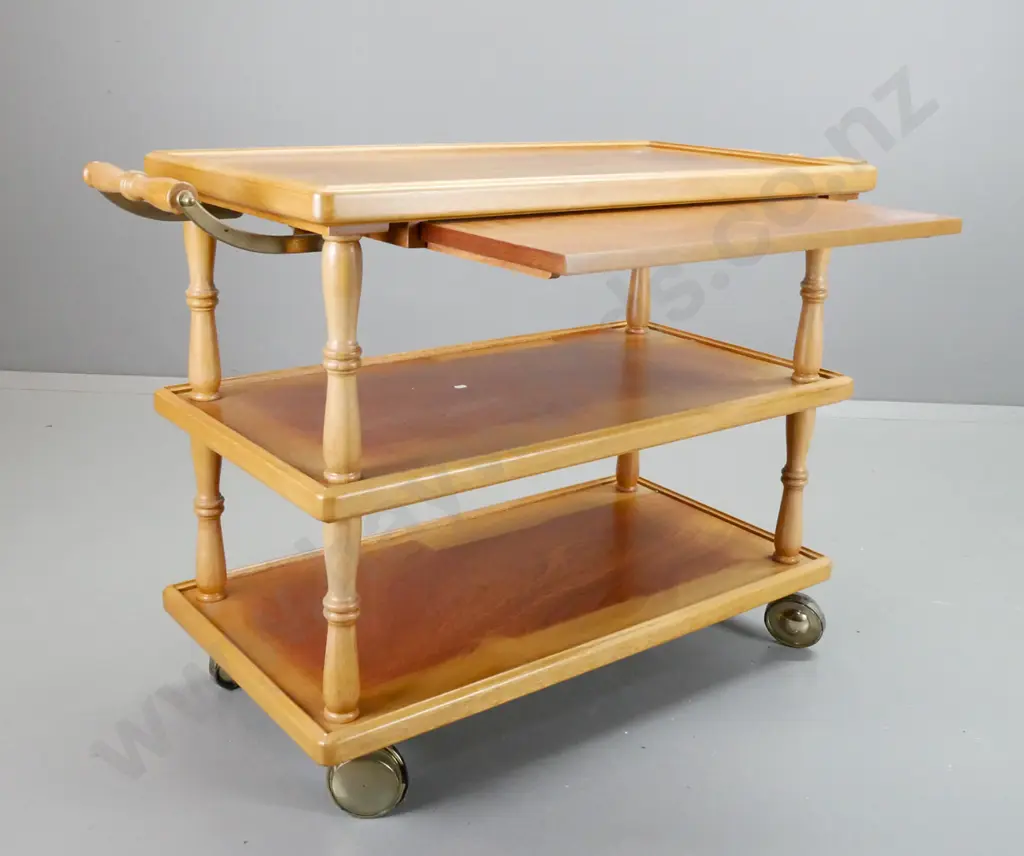 vintage mahogany 3-tier tea or serving trolley with slide out leaf, turned timber and brass handles, large brass finish Image 1++