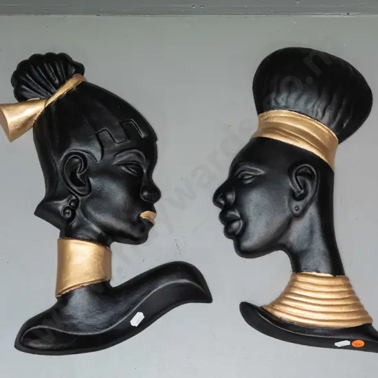 2 retro cast alloy wall silhouette heads - painted black and gold - taller is H-390 W-230 at base