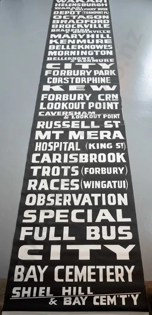 very long Dunedin fabric bus blind - white on black lettering, some staining / discolouration in a few areas. Image 1++