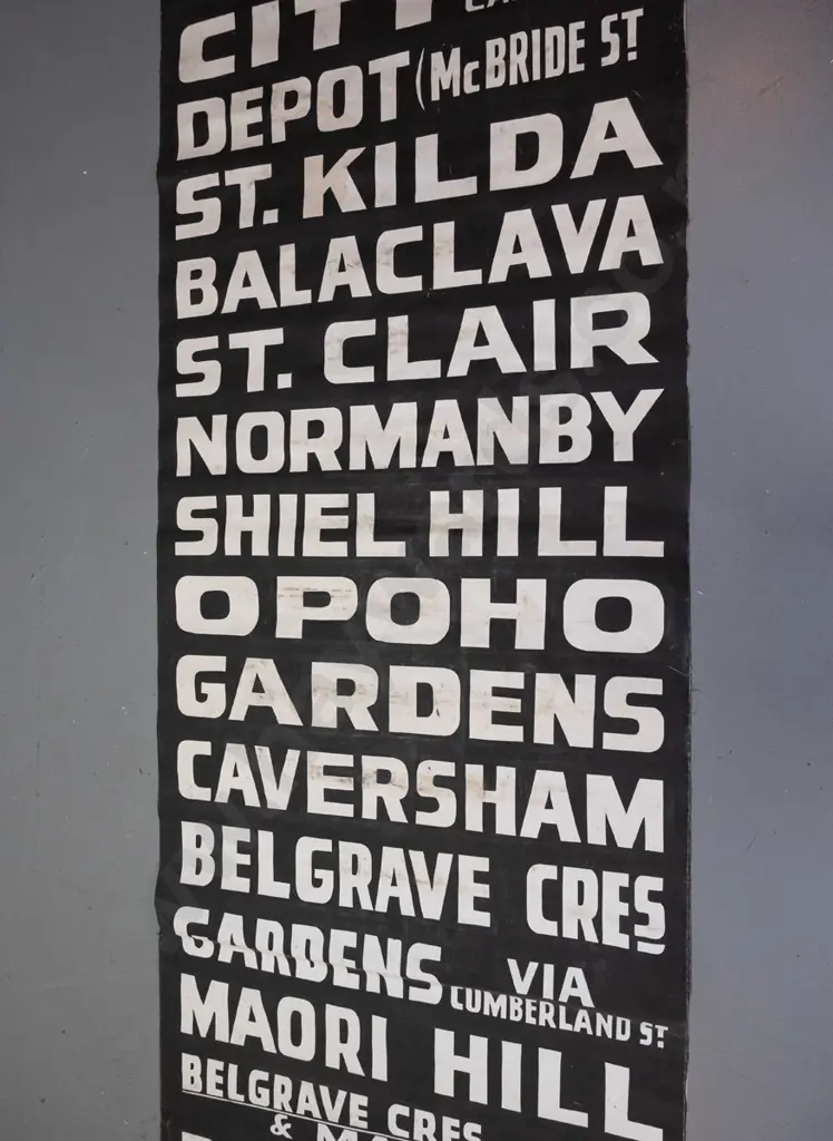 very long Dunedin fabric bus blind - white on black lettering, some staining / discolouration in a few areas. Image 1++
