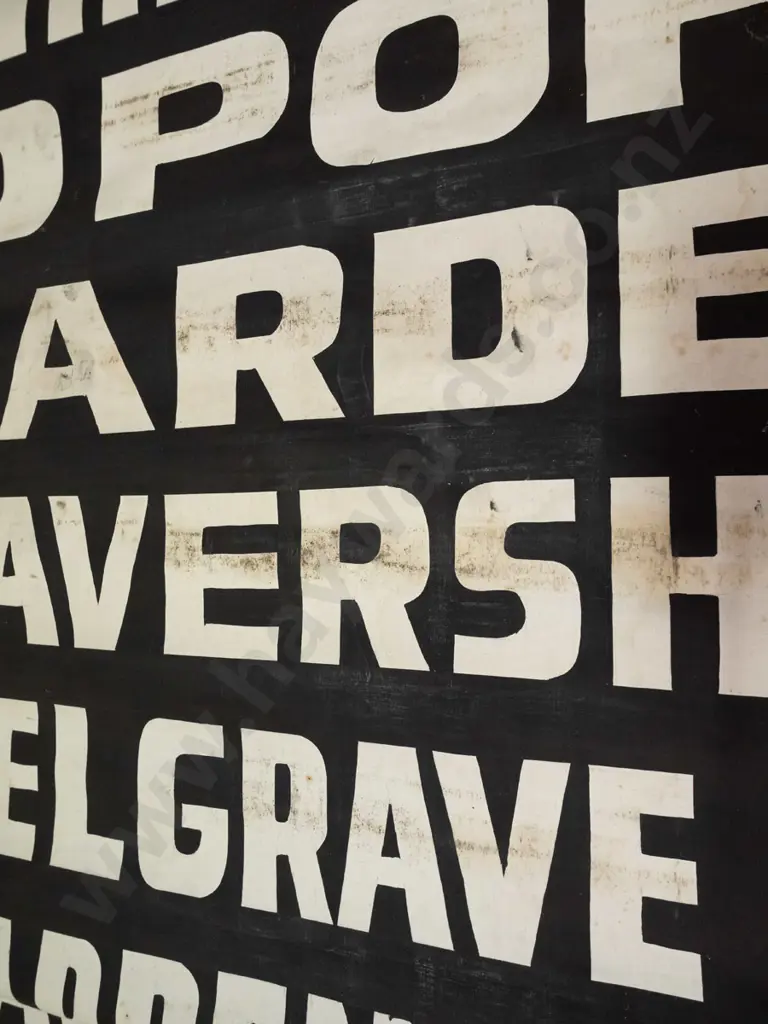 very long Dunedin fabric bus blind - white on black lettering, some staining / discolouration in a few areas. Image 1++