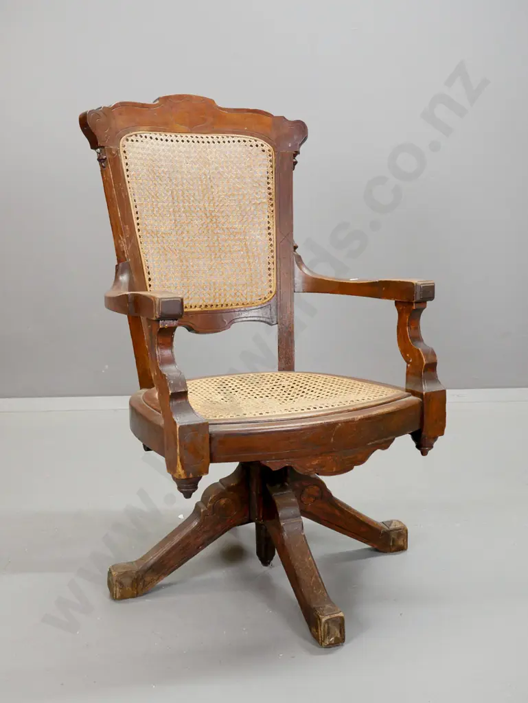 vintage oak and elm swivel & tilt office chair with woven cane seat and back - wear / scratches, seat sagging and Image 1++