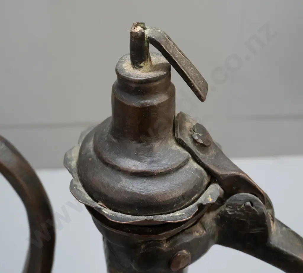 vintage brass and copper middle eastern ewer / vessel with hinged lid H-490 and a Bedouin brass coffee pot, both with Image 1++
