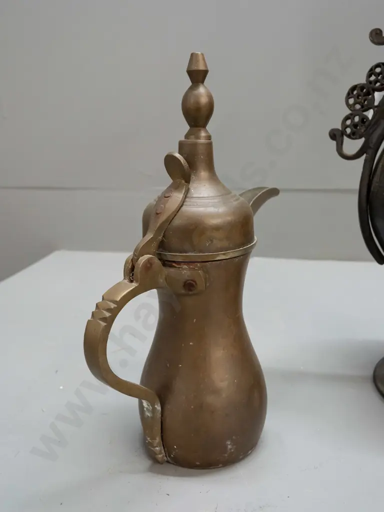 vintage brass and copper middle eastern ewer / vessel with hinged lid H-490 and a Bedouin brass coffee pot, both with Image 1++