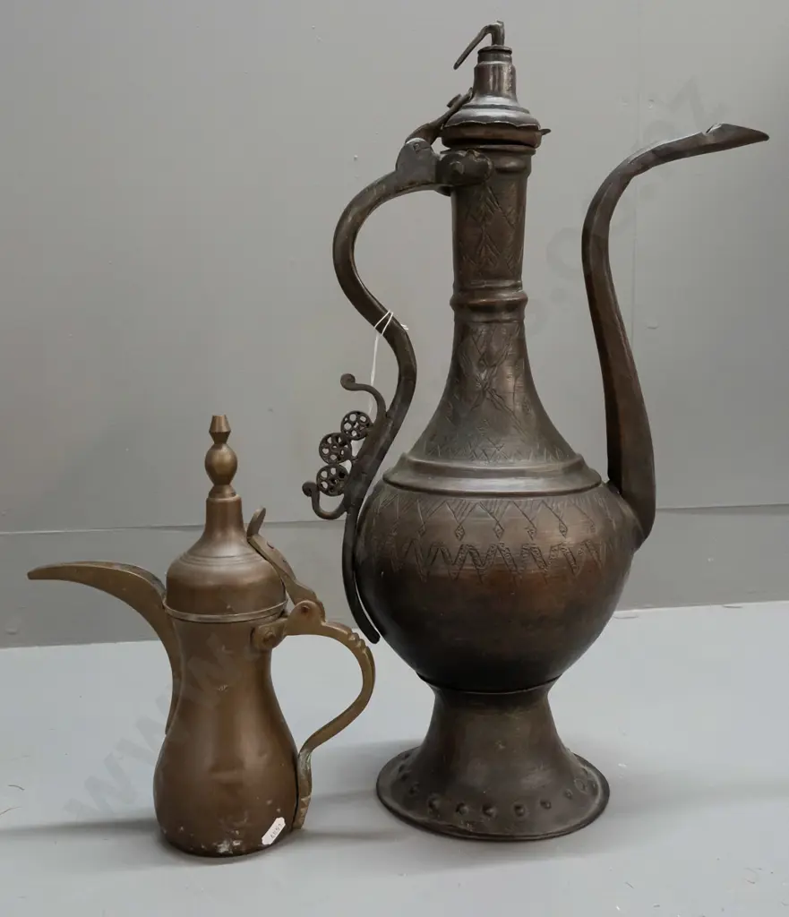 vintage brass and copper middle eastern ewer / vessel with hinged lid H-490 and a Bedouin brass coffee pot, both with Image 1++